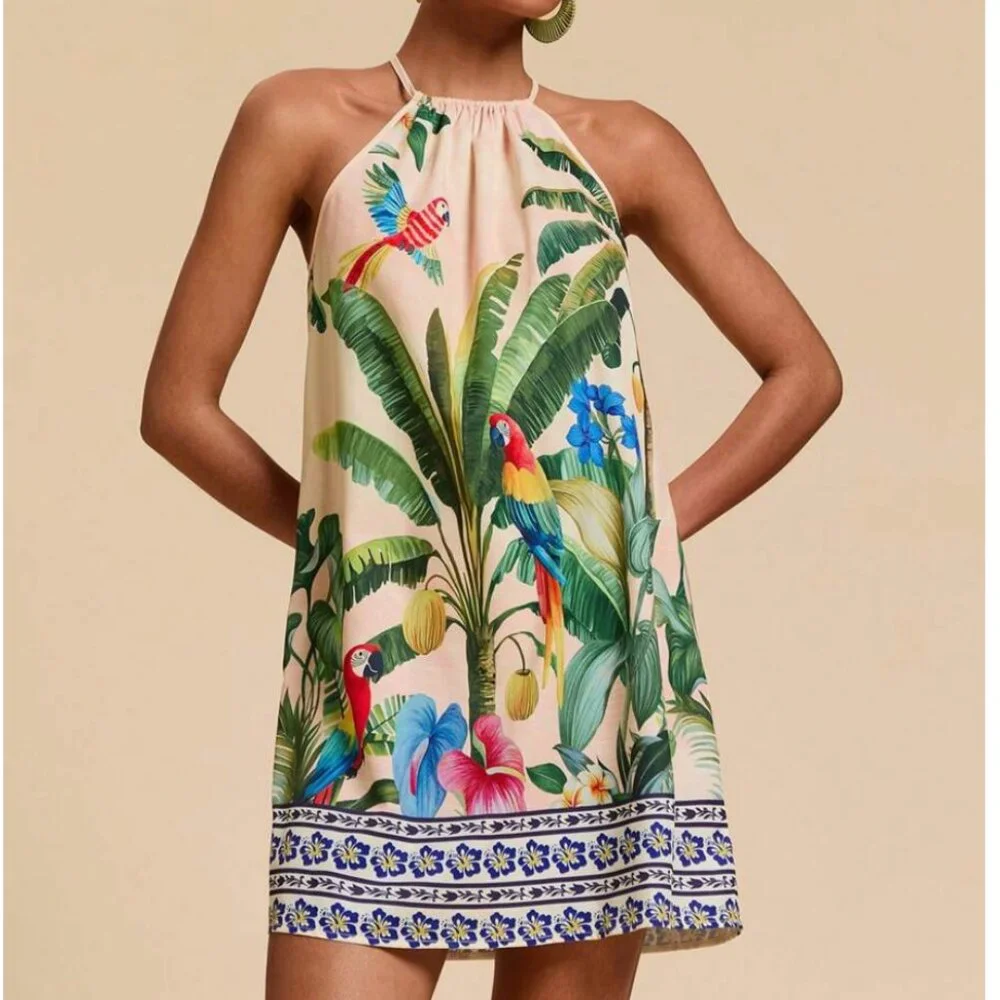 Summer Beach Tropical Print Short Halter Dress sz M - Picture 1 of 5